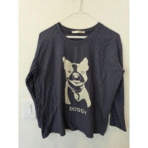 By Pink Korea Doggy Spellout Tee Sz M Blue Stripe Bull Dog Graphic Indie Cutie